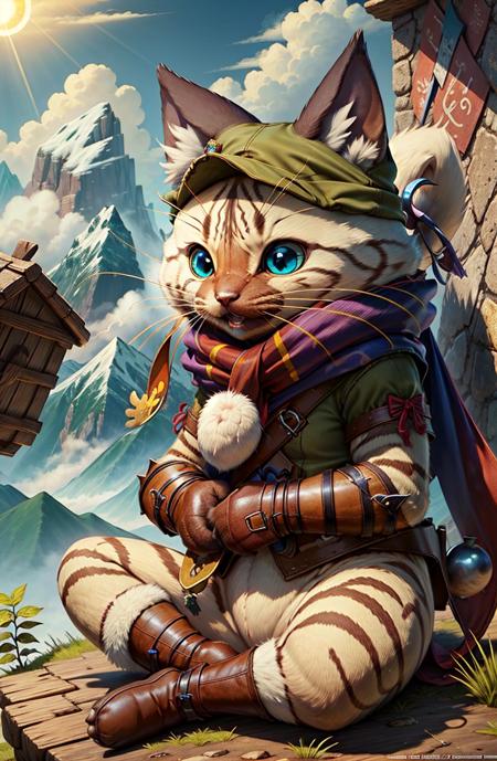 07116-412589879-palico, fur, adventurer gear, siting,   detailed background, mountains, god rays, sun, non-human, furry,.png